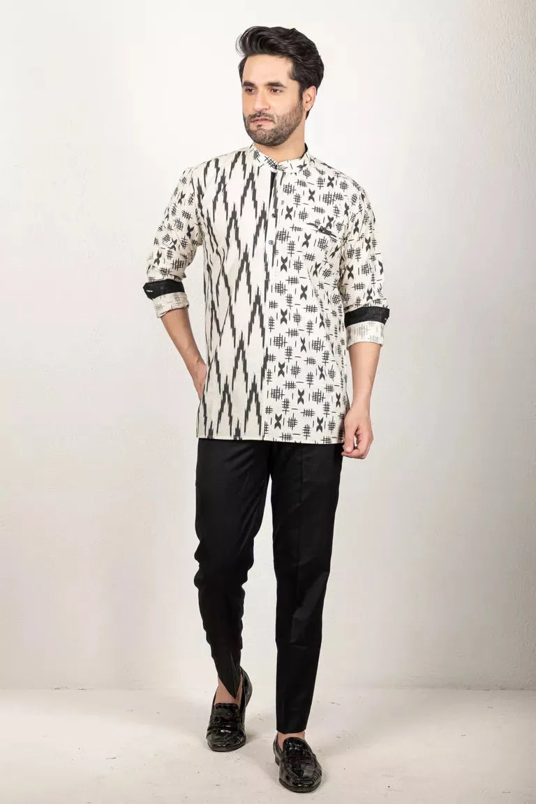 Cream And Black Printed Short Kurta