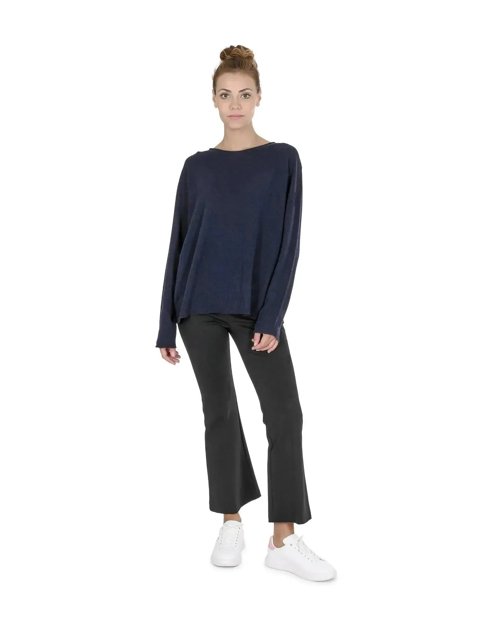 Crown of Edinburgh Cashmere Women's Premium Cashmere Oversize Boatneck Sweater in Navy blue - XL