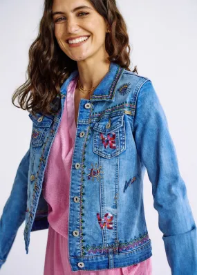 Embroidered Denim Love Jacket in Blue