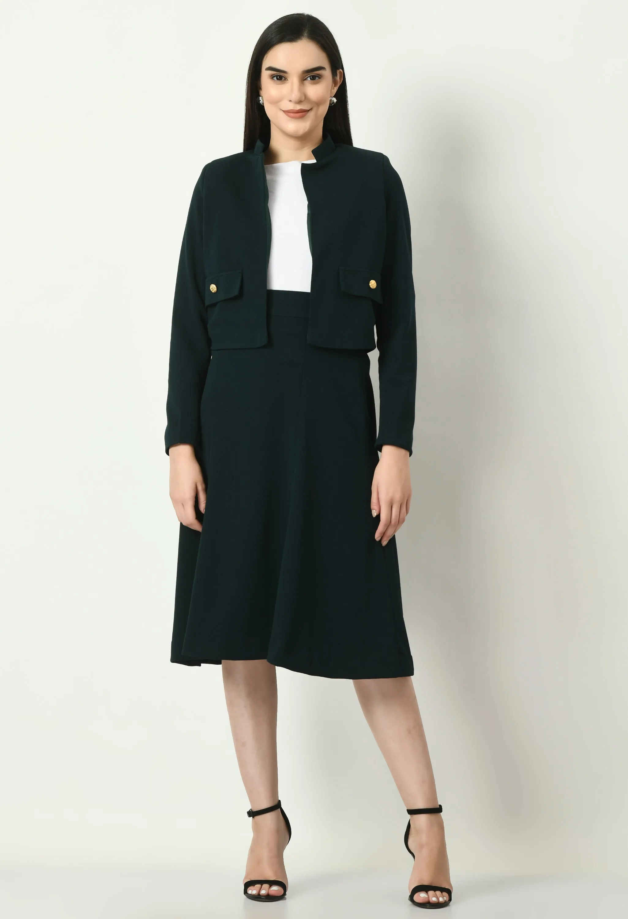 Exude Exuberant Mandarin Collar Blazer with Midi A-line Skirt (Emerald Green)