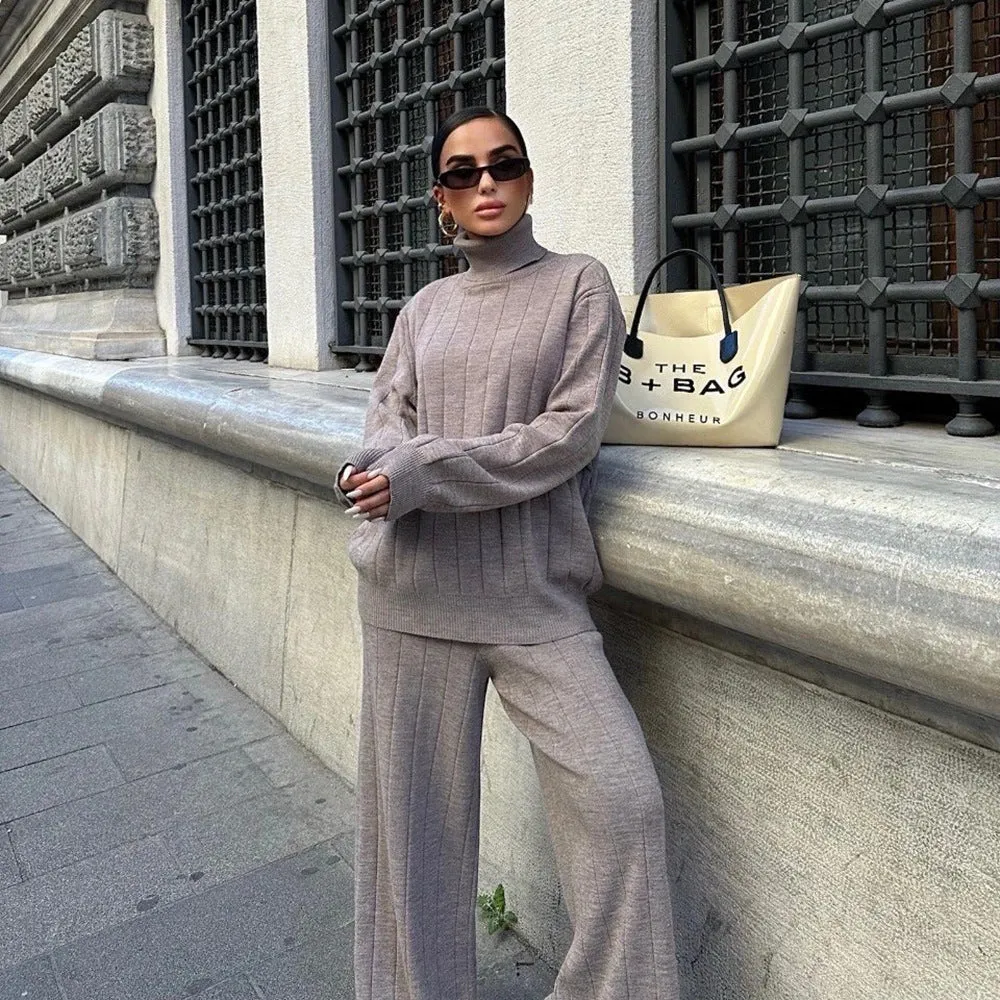Fashionkova jock outfit Lazy Knitted High-Grade Suit Autumn and Winter Turtleneck Pullover Knitwear Street Fashion Solid Color Trousers