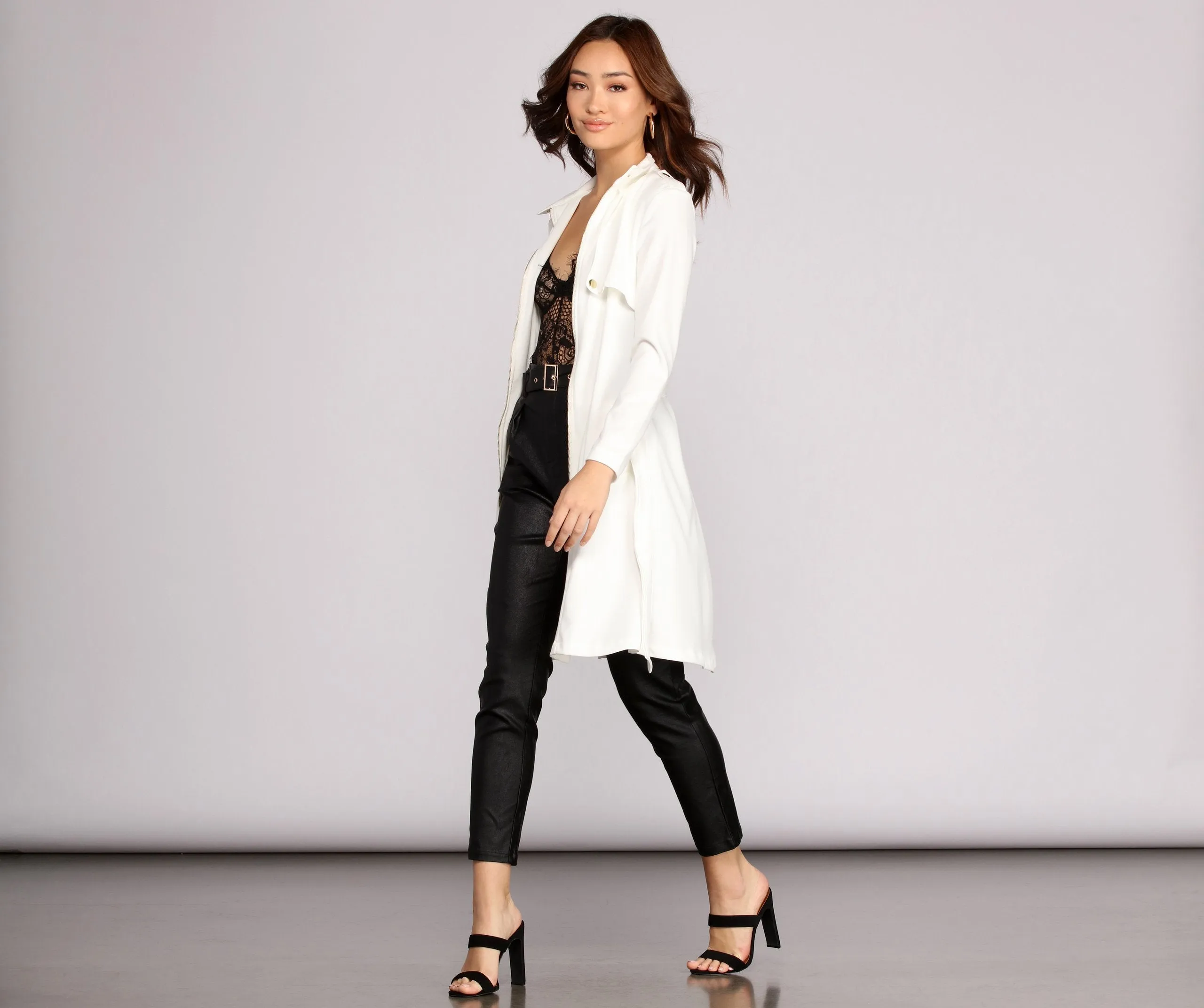 Feminine Flare Zip Up Trench Coat