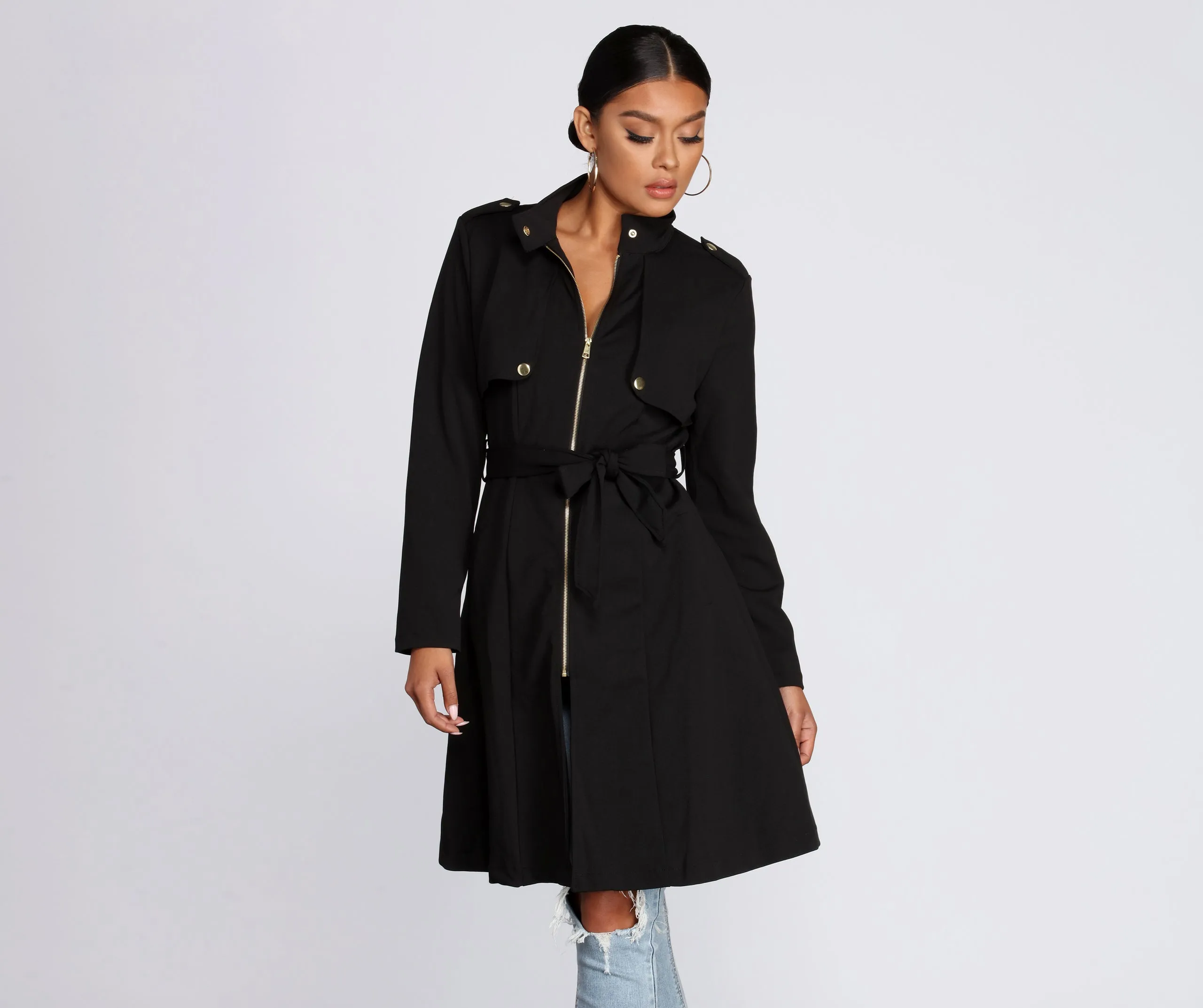 Feminine Flare Zip Up Trench Coat