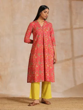 Flamingo Pink Overall Floral Block Print Cotton Slit Kurta Pant Set