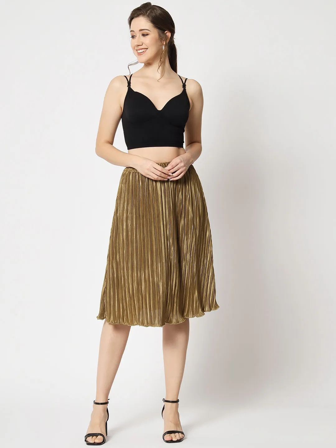 Flared Knee-Length Pleated Satin Skirt