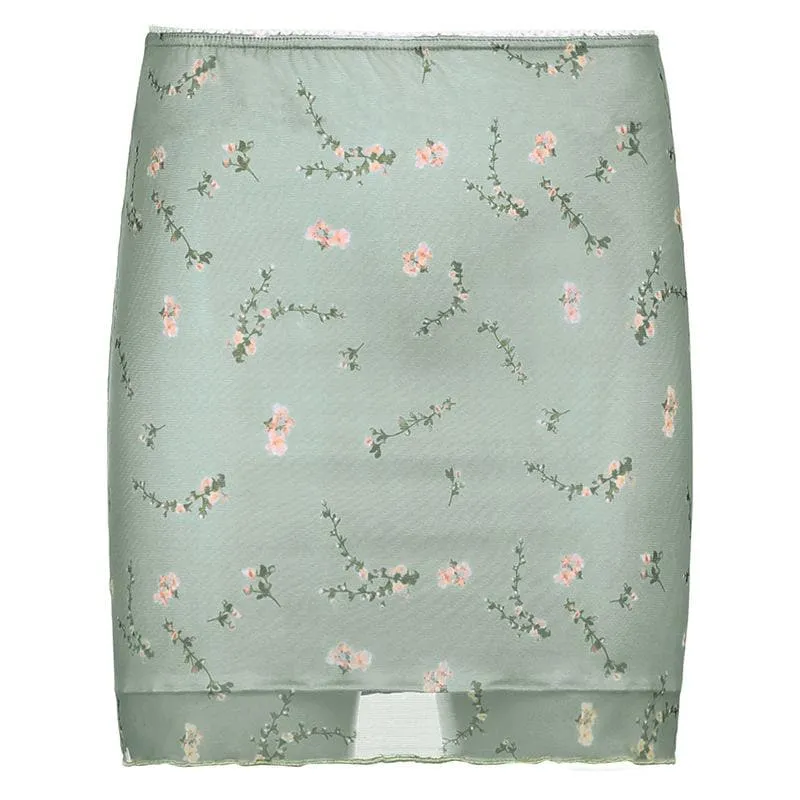 Floral print double layered mesh mini skirt