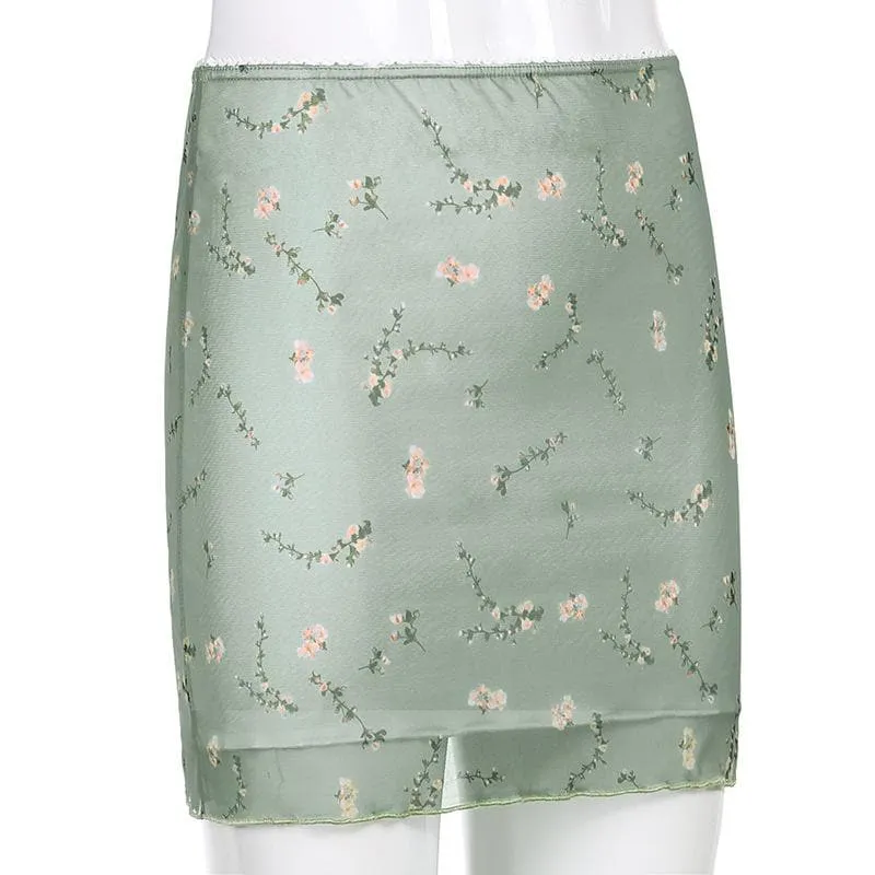 Floral print double layered mesh mini skirt