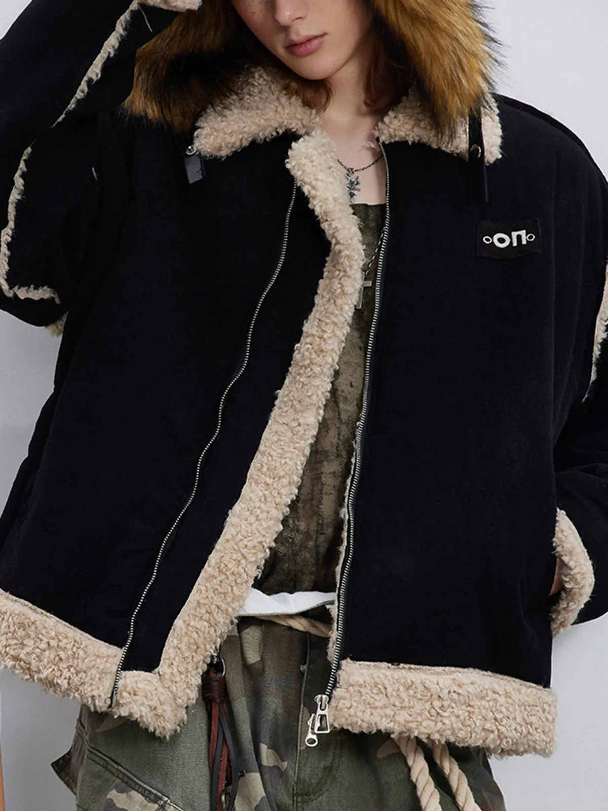 Fur Collar Zip Up Sherpa-Lined Jacket