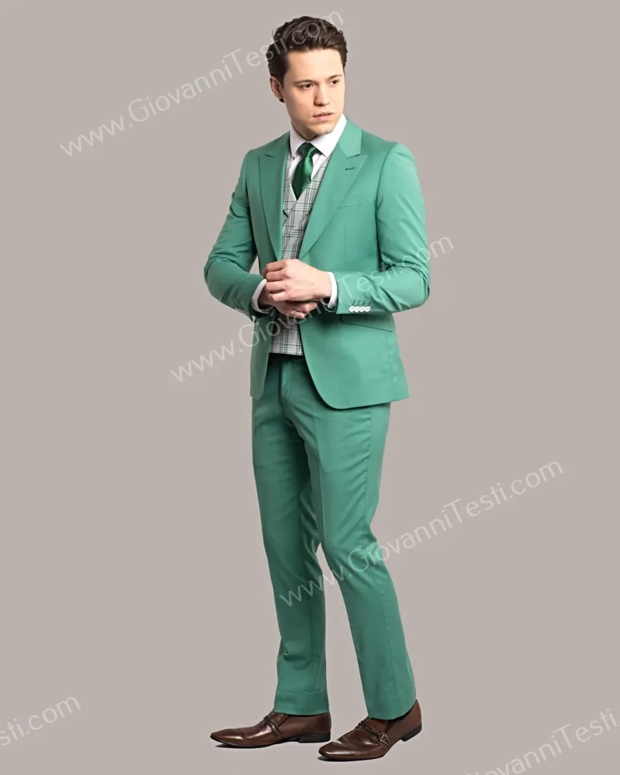 Giovanni Testi 2 Button Slim Fit Suit with Plaid Vest GT2DG V-6817 Green