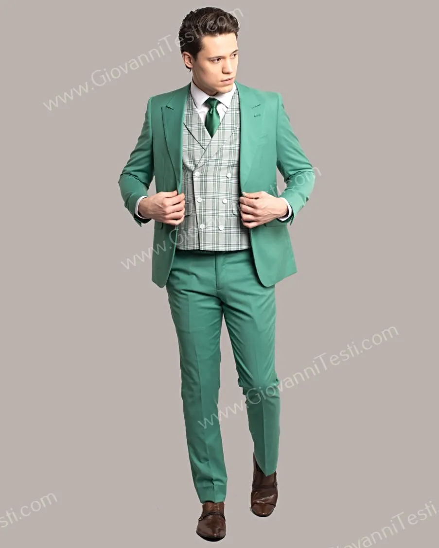 Giovanni Testi 2 Button Slim Fit Suit with Plaid Vest GT2DG V-6817 Green