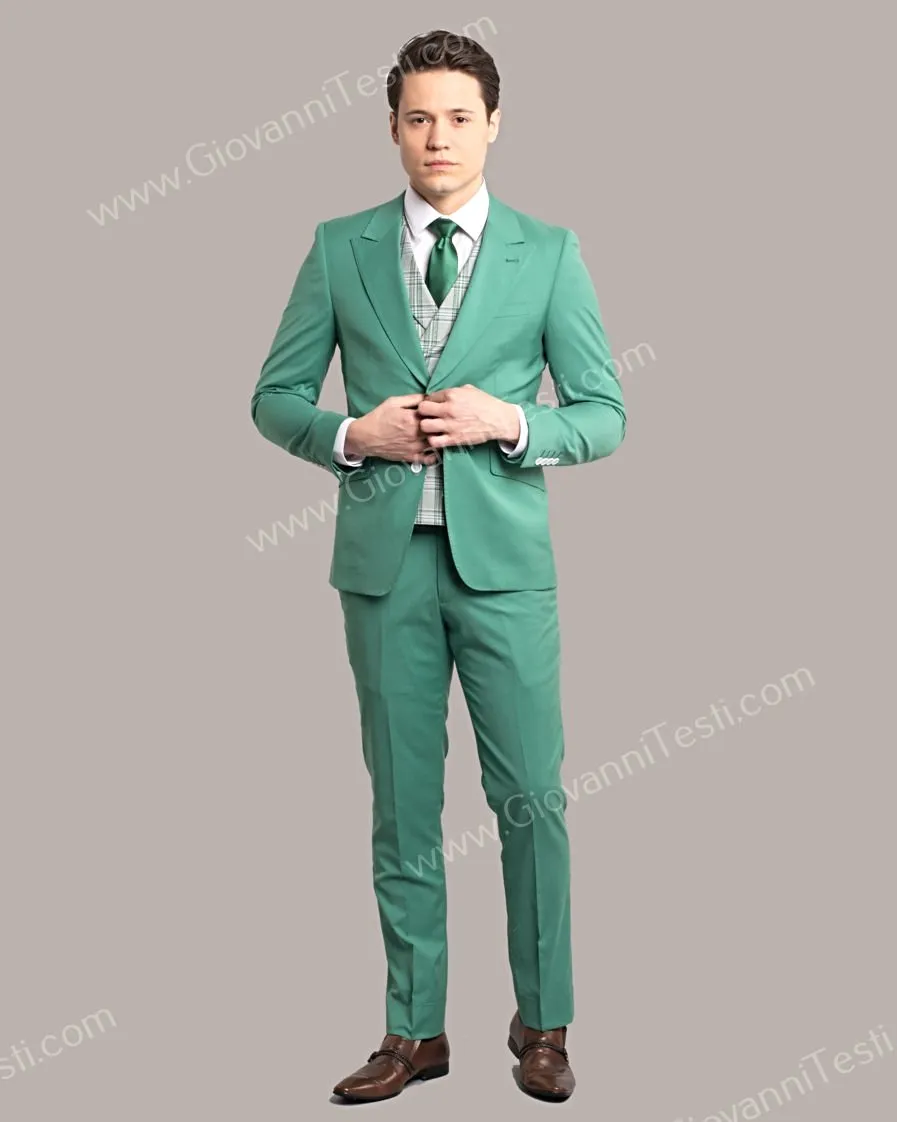 Giovanni Testi 2 Button Slim Fit Suit with Plaid Vest GT2DG V-6817 Green