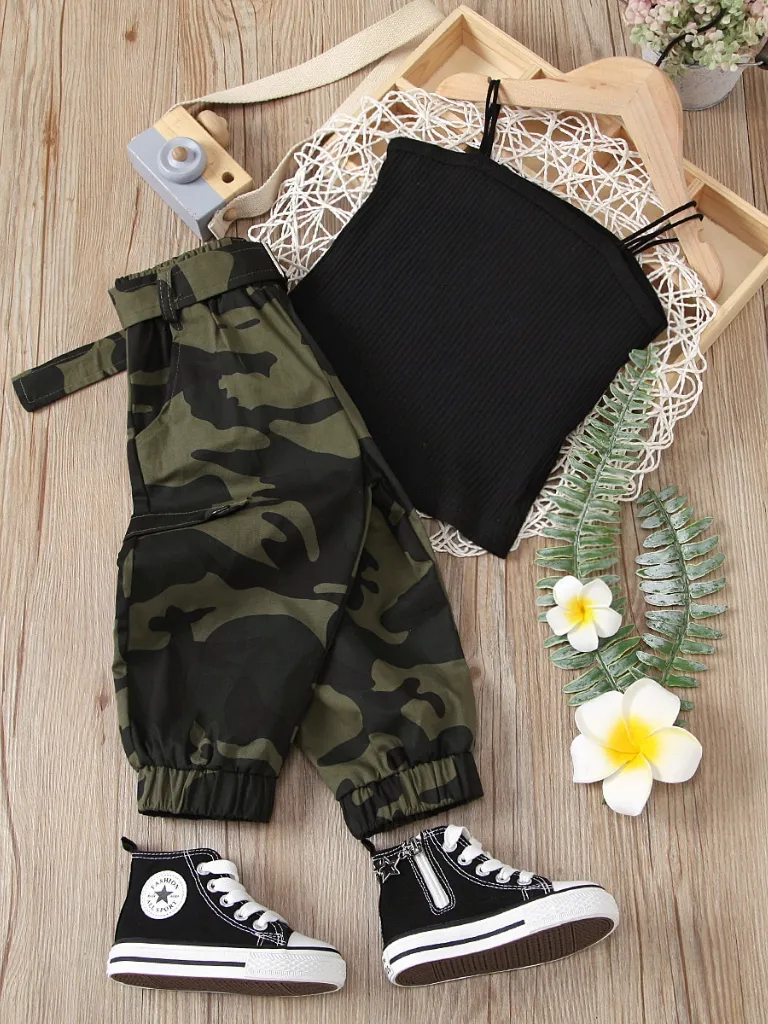 Girls Camo it Is Tank Top and Camo Cargo Pants with Matching Belt Set