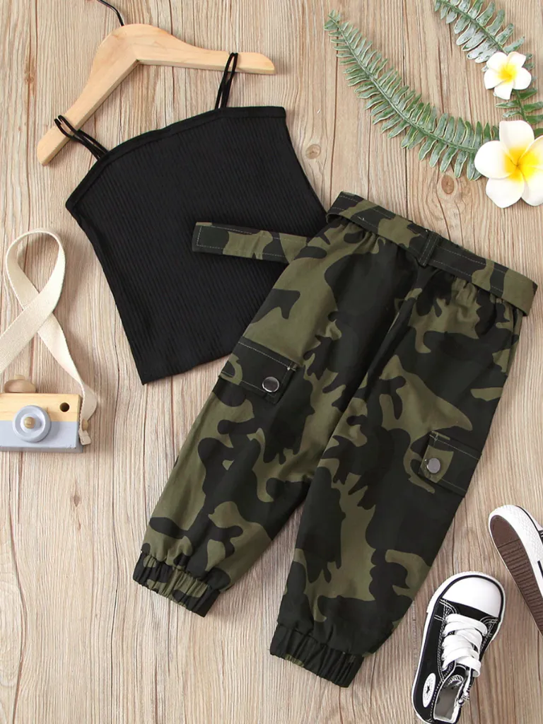 Girls Camo it Is Tank Top and Camo Cargo Pants with Matching Belt Set