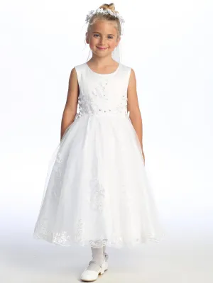 Girls White First Communion Dress Satin w/ Embroidered Tulle, Sequins, Beads, & Rhinestones (728)