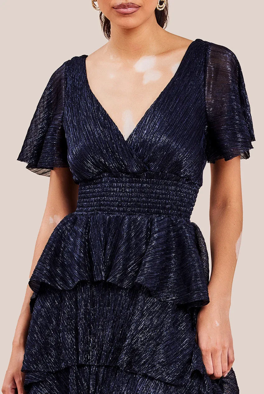 Goddiva Crinkle Lurex High Low Layered Midi Dress - Navy