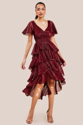 Goddiva Crinkle Lurex High Low Layered Midi Dress - Wine