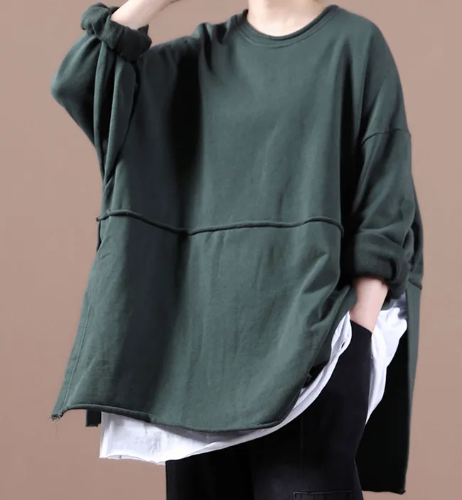 Green Loose Fall Women Cotton Tops Women Side Slit Blouse Overall H9506