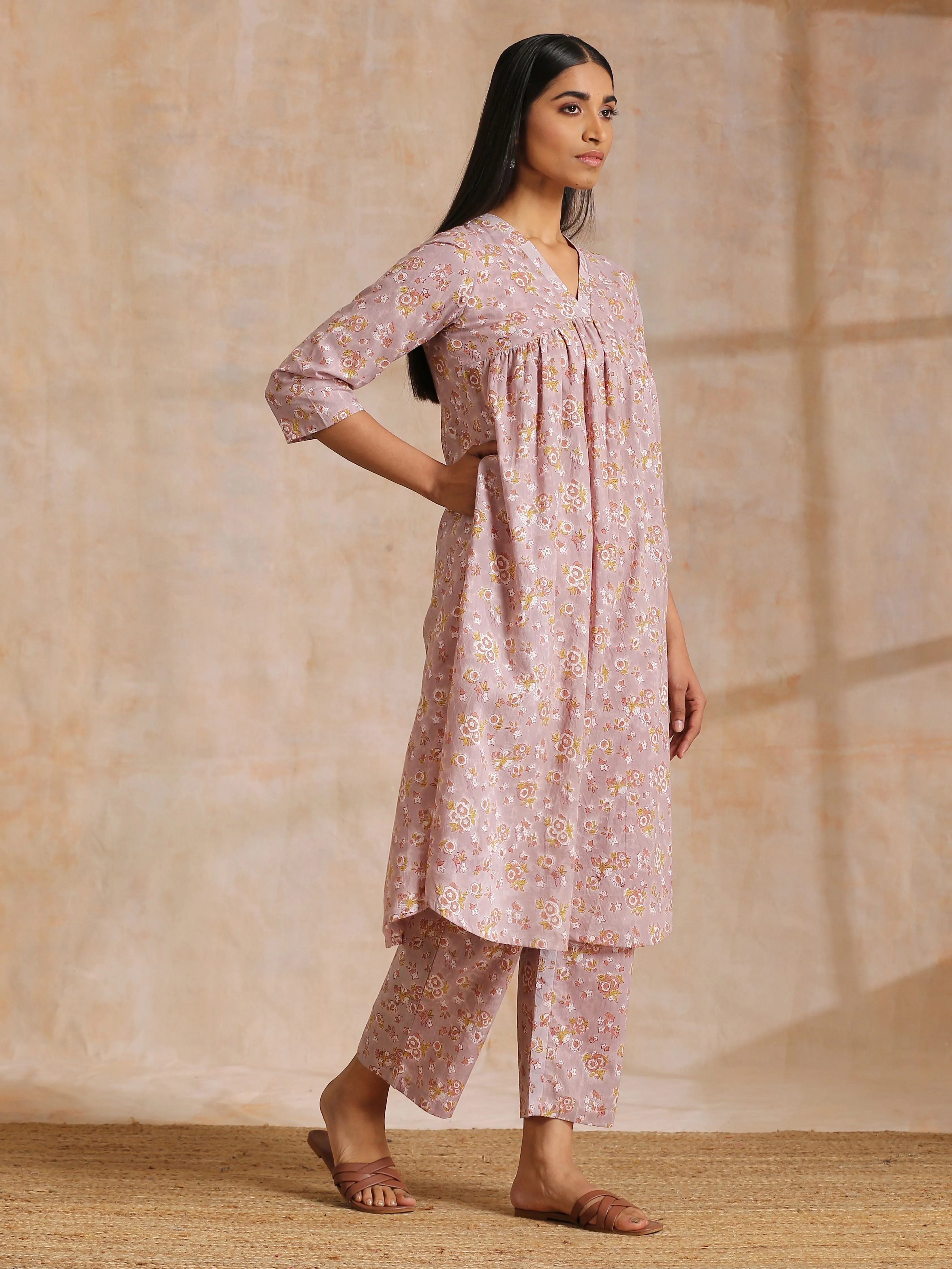 Grey Overall Floral Block Print Cotton Flared Slit Kurta Pant Set | Relove