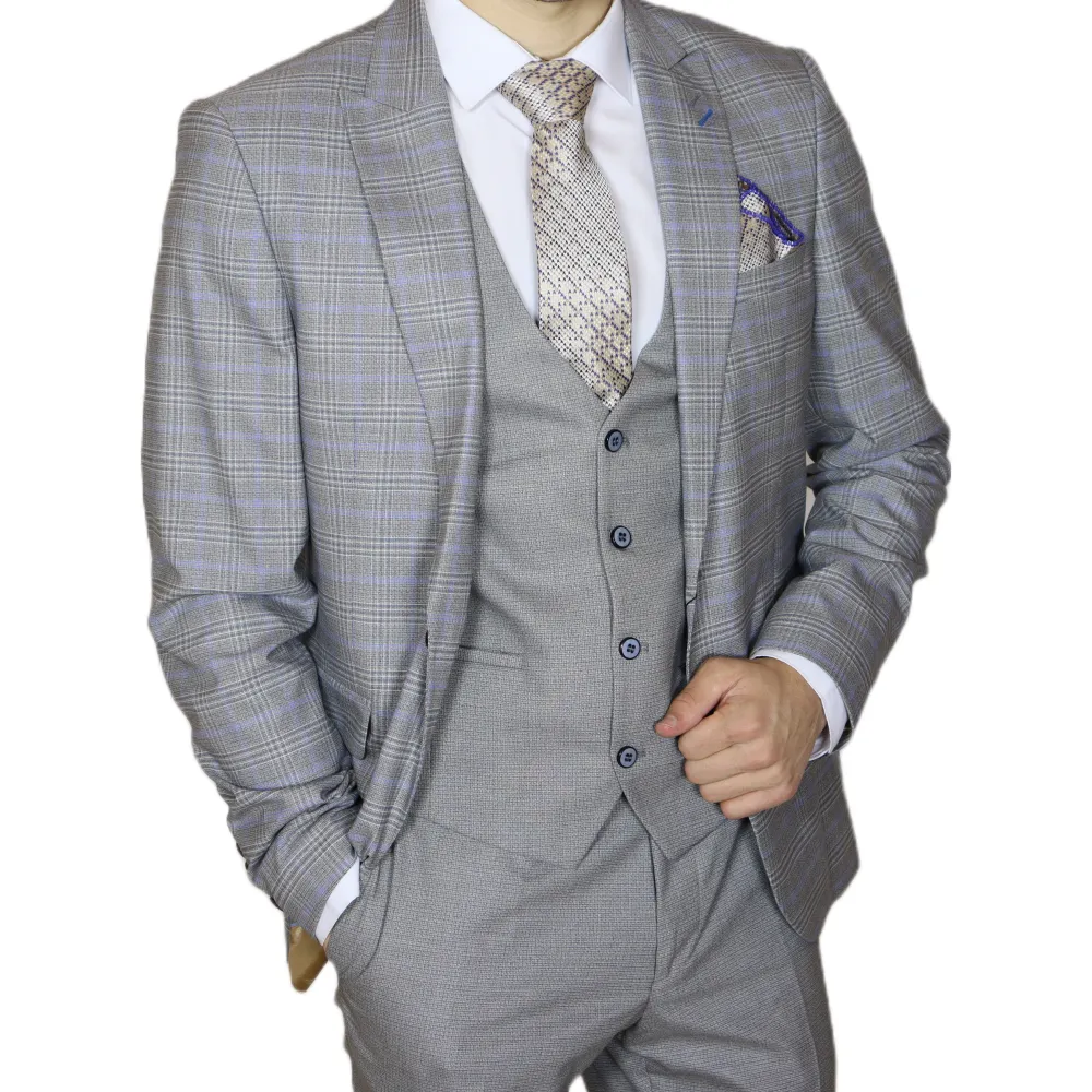 Grey/Blue Avanti Milano Window Pane Patterned Peak Lapel Three Piece Suit