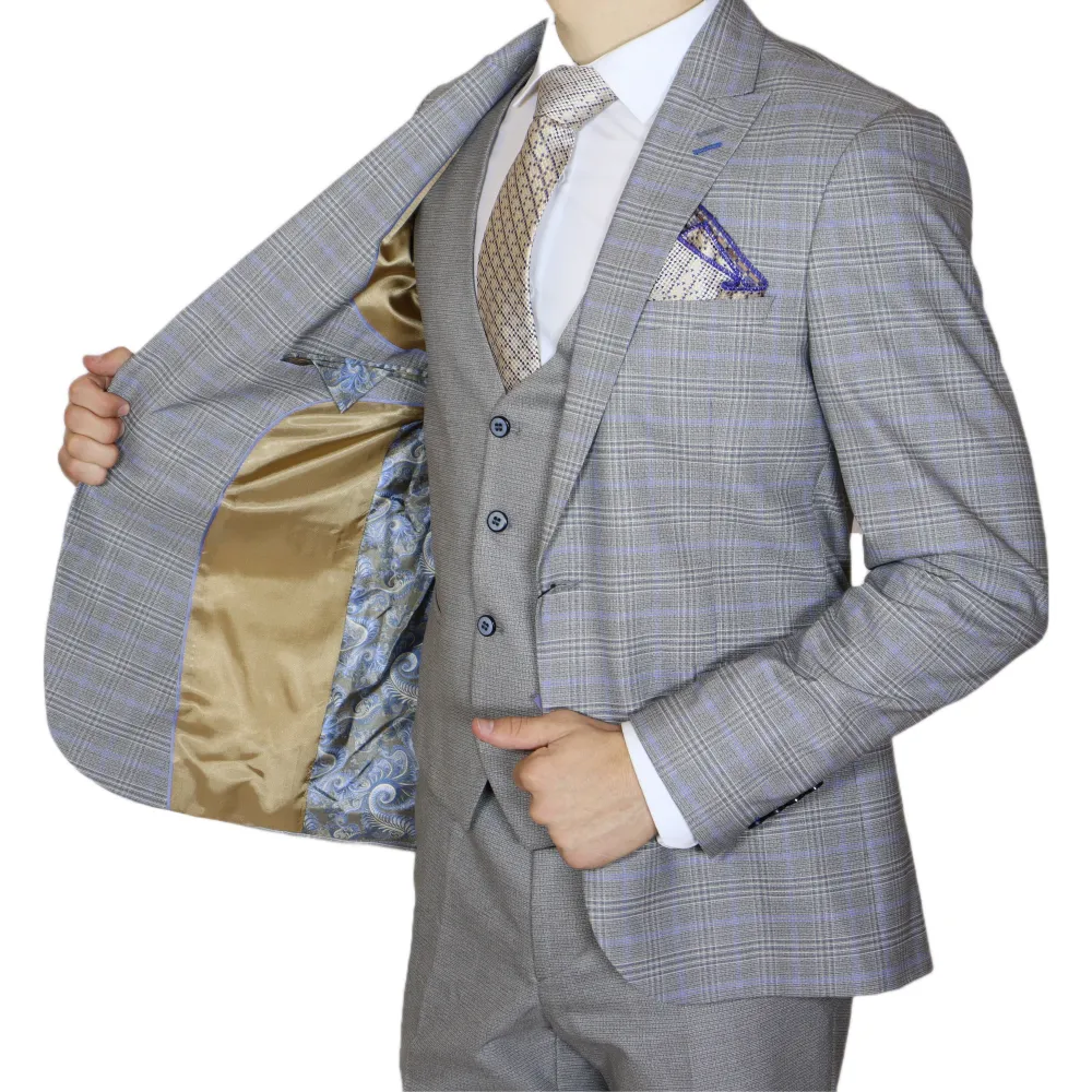 Grey/Blue Avanti Milano Window Pane Patterned Peak Lapel Three Piece Suit