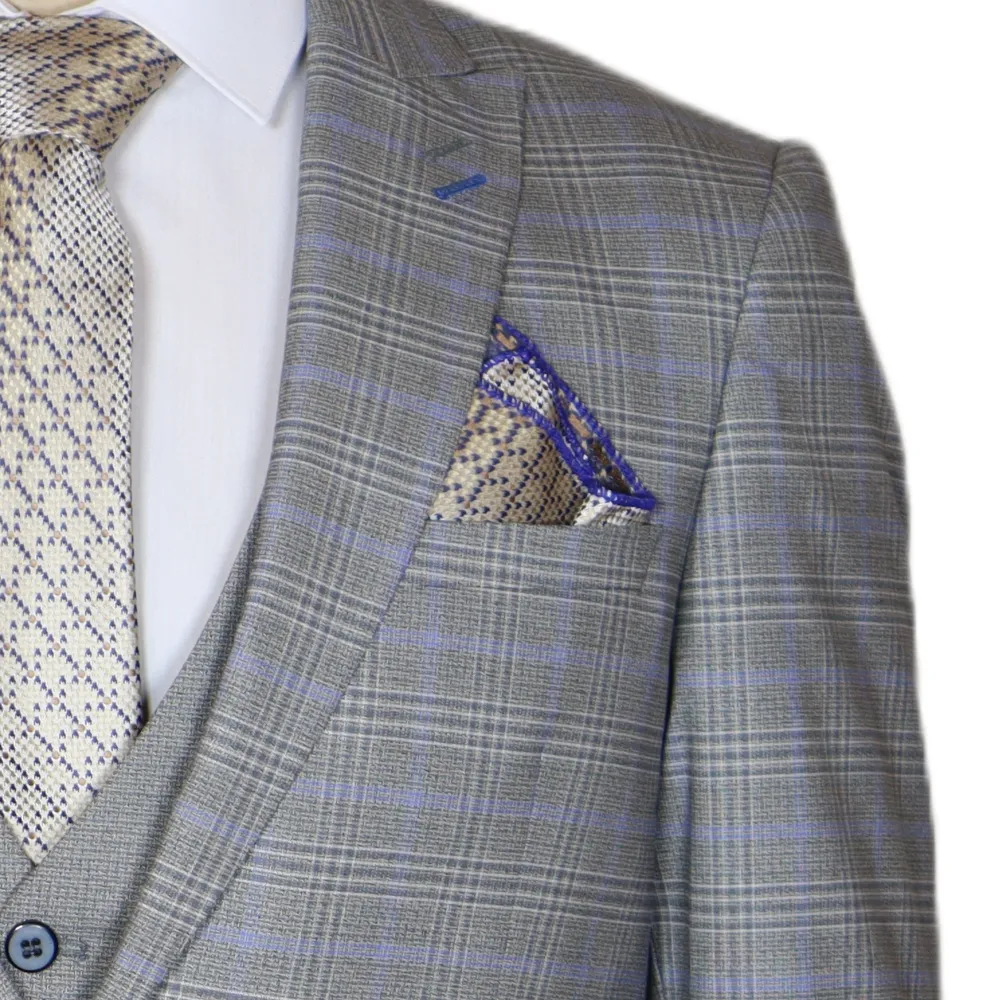 Grey/Blue Avanti Milano Window Pane Patterned Peak Lapel Three Piece Suit