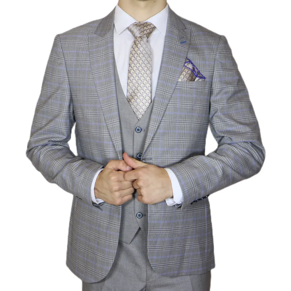 Grey/Blue Avanti Milano Window Pane Patterned Peak Lapel Three Piece Suit