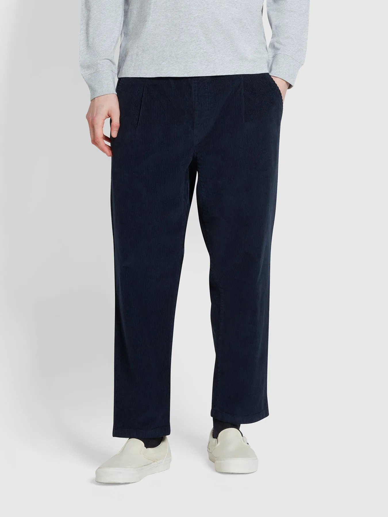 Hawtin Relaxed Tapered Fit Cord Trousers In True Navy