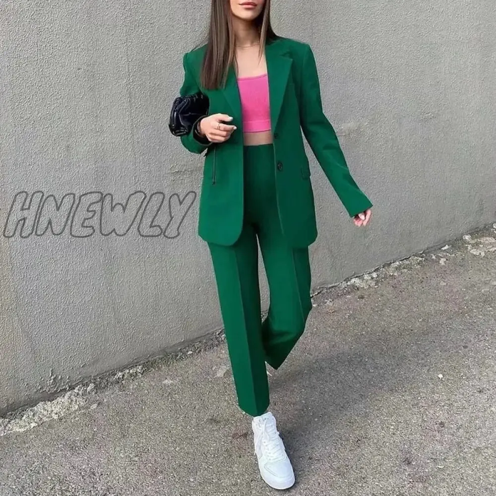 Hnewly Women's Sets Blazers Office Elegant Ladies Workwear Outfit Female Pocket Jacket Green Coat Two Piece Suit Button Loose Blazer