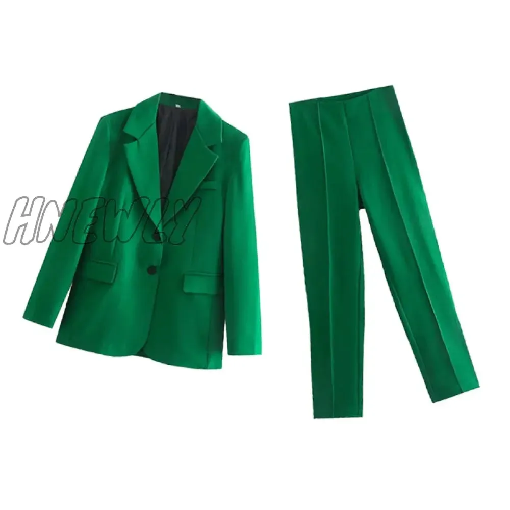 Hnewly Women's Sets Blazers Office Elegant Ladies Workwear Outfit Female Pocket Jacket Green Coat Two Piece Suit Button Loose Blazer