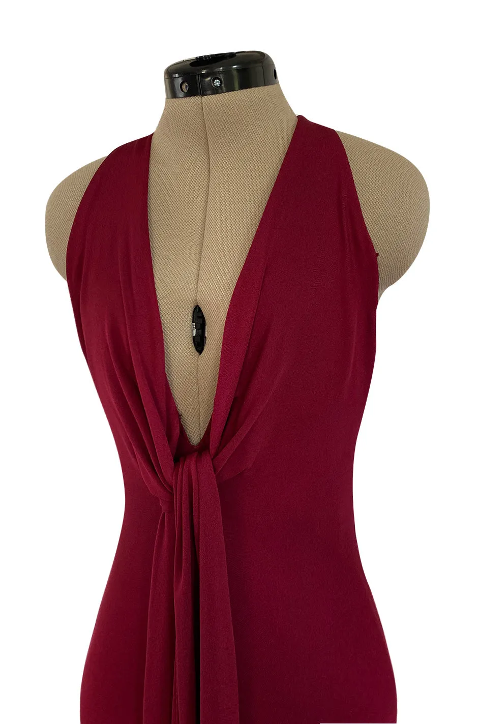 Important 1975 Halston Couture Deep Burgundy Front Wrap & Tie Silk Jersey Plunge Dress