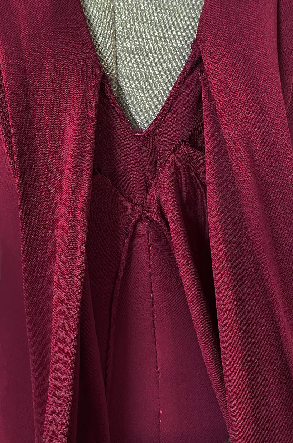 Important 1975 Halston Couture Deep Burgundy Front Wrap & Tie Silk Jersey Plunge Dress