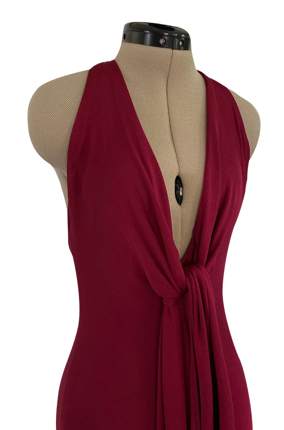 Important 1975 Halston Couture Deep Burgundy Front Wrap & Tie Silk Jersey Plunge Dress