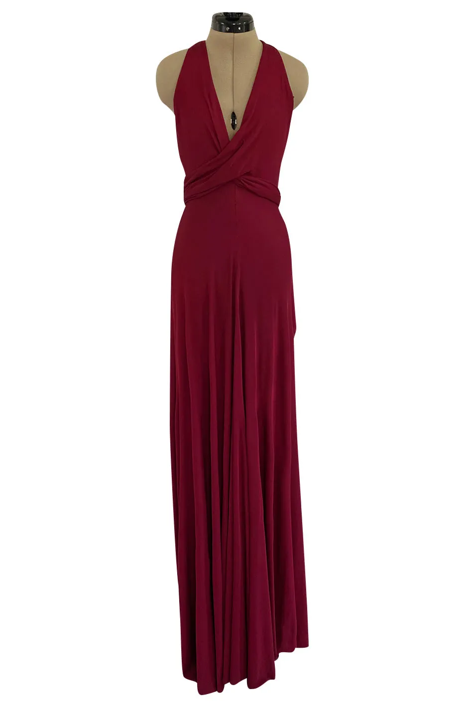 Important 1975 Halston Couture Deep Burgundy Front Wrap & Tie Silk Jersey Plunge Dress