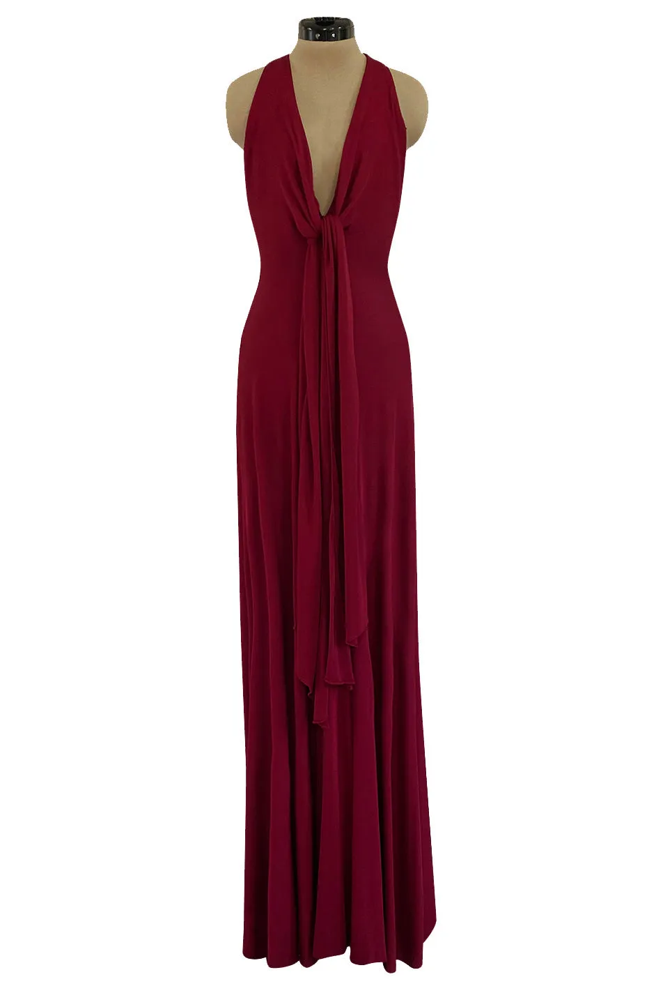 Important 1975 Halston Couture Deep Burgundy Front Wrap & Tie Silk Jersey Plunge Dress