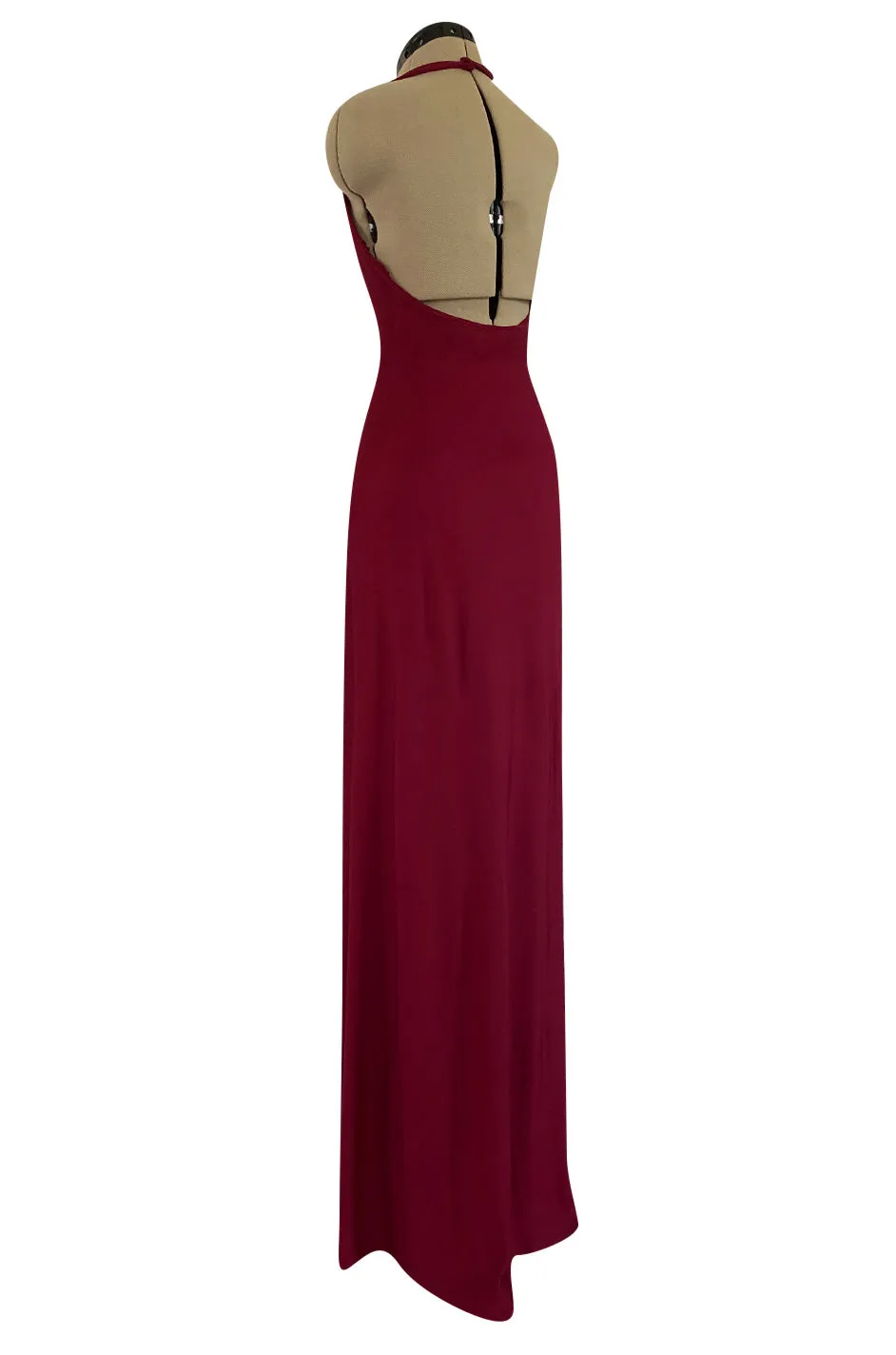 Important 1975 Halston Couture Deep Burgundy Front Wrap & Tie Silk Jersey Plunge Dress