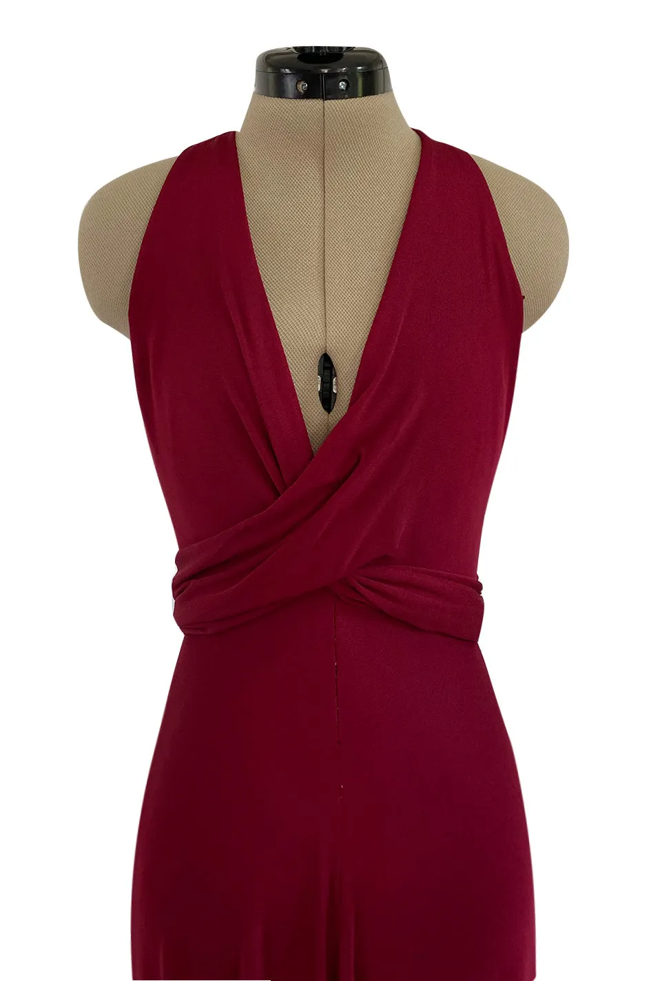 Important 1975 Halston Couture Deep Burgundy Front Wrap & Tie Silk Jersey Plunge Dress