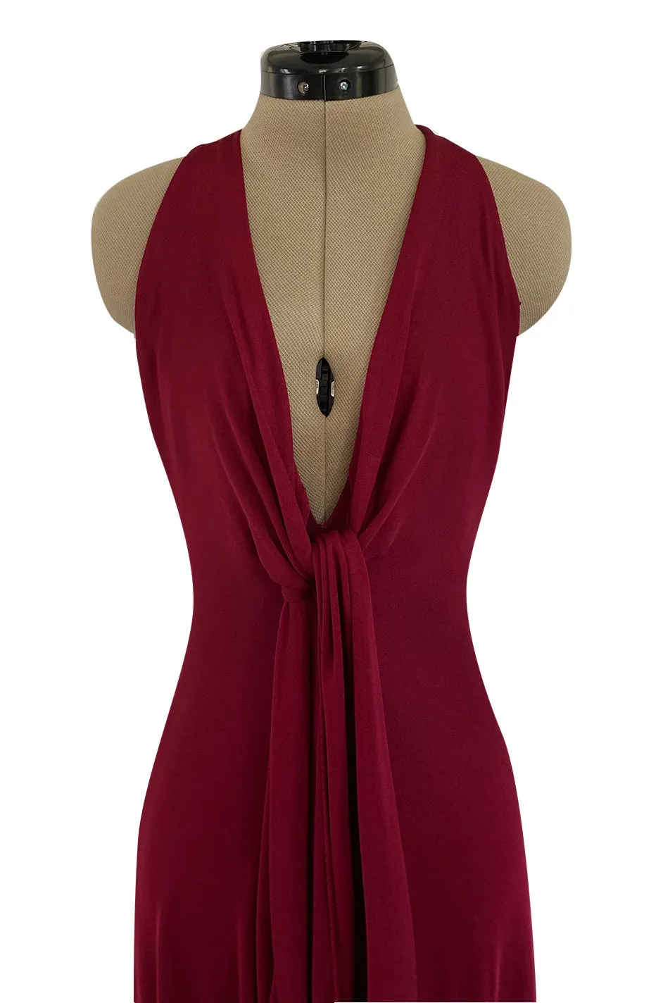 Important 1975 Halston Couture Deep Burgundy Front Wrap & Tie Silk Jersey Plunge Dress