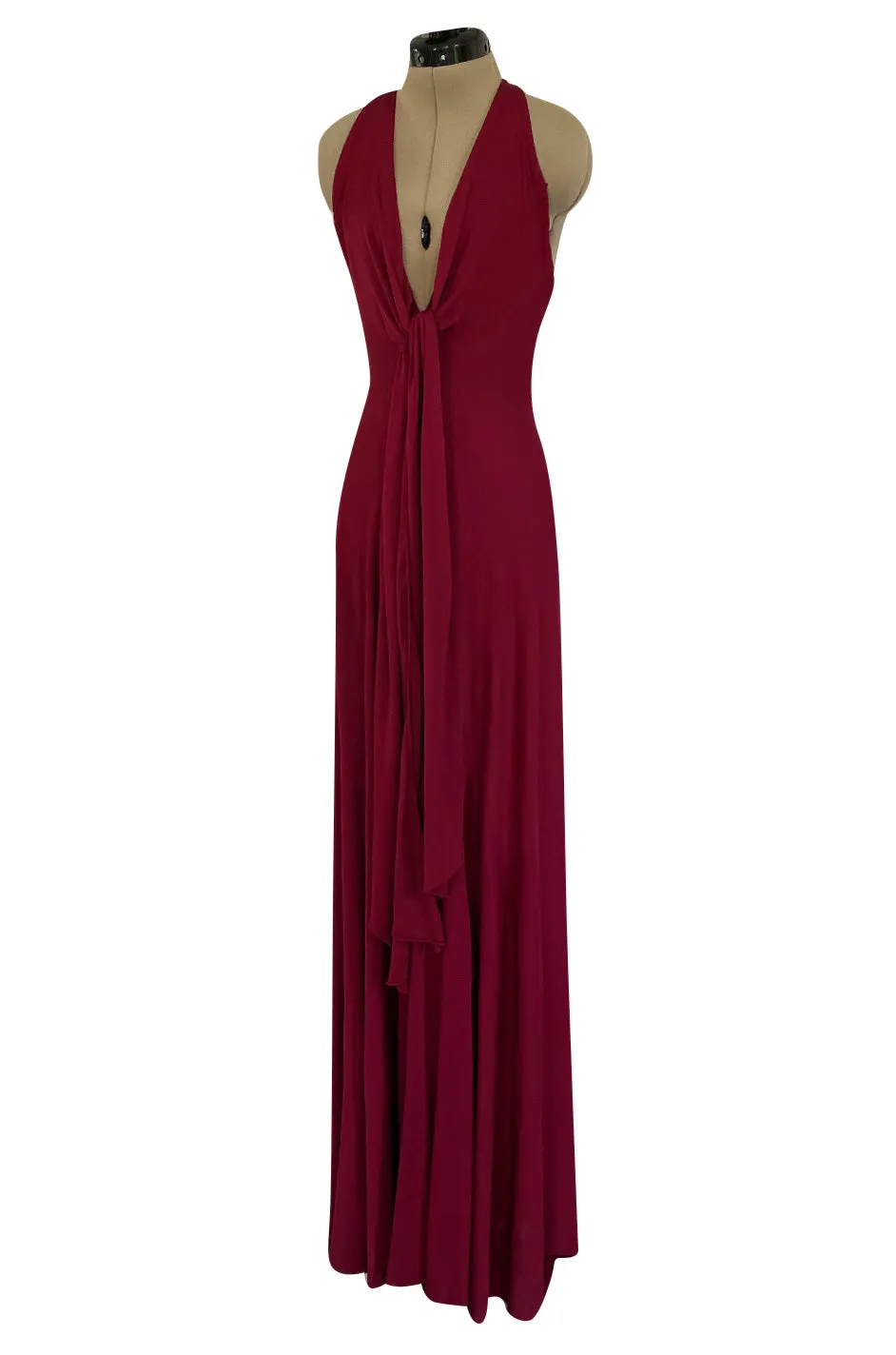 Important 1975 Halston Couture Deep Burgundy Front Wrap & Tie Silk Jersey Plunge Dress