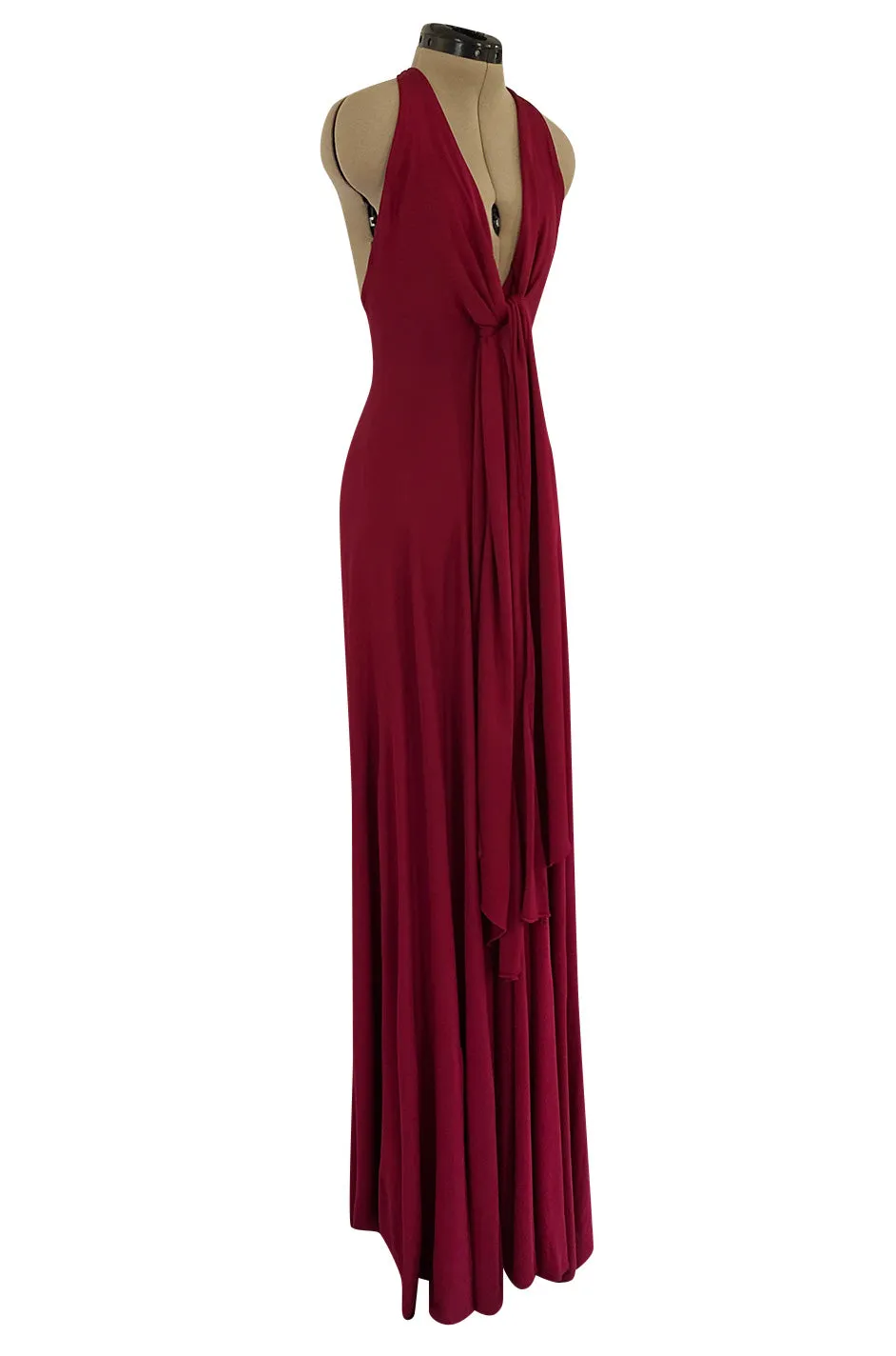 Important 1975 Halston Couture Deep Burgundy Front Wrap & Tie Silk Jersey Plunge Dress