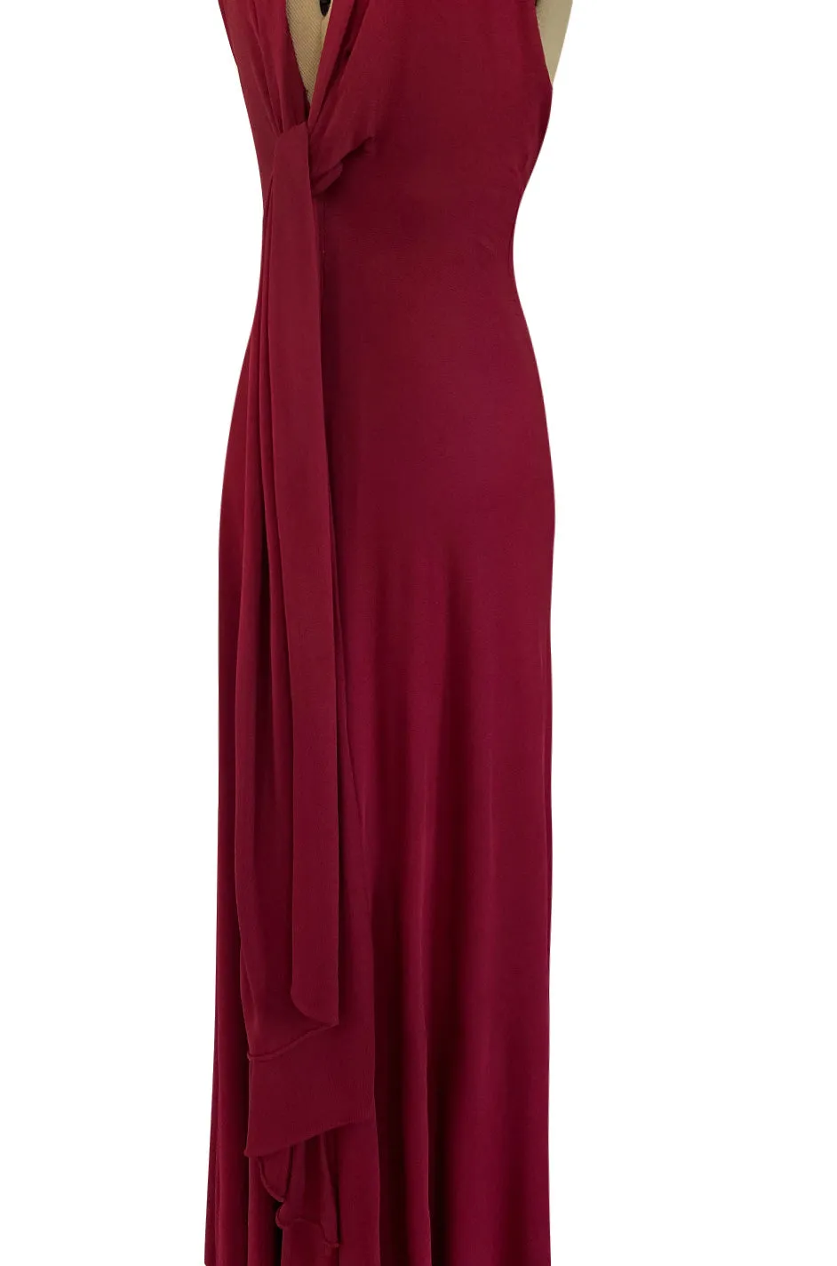 Important 1975 Halston Couture Deep Burgundy Front Wrap & Tie Silk Jersey Plunge Dress