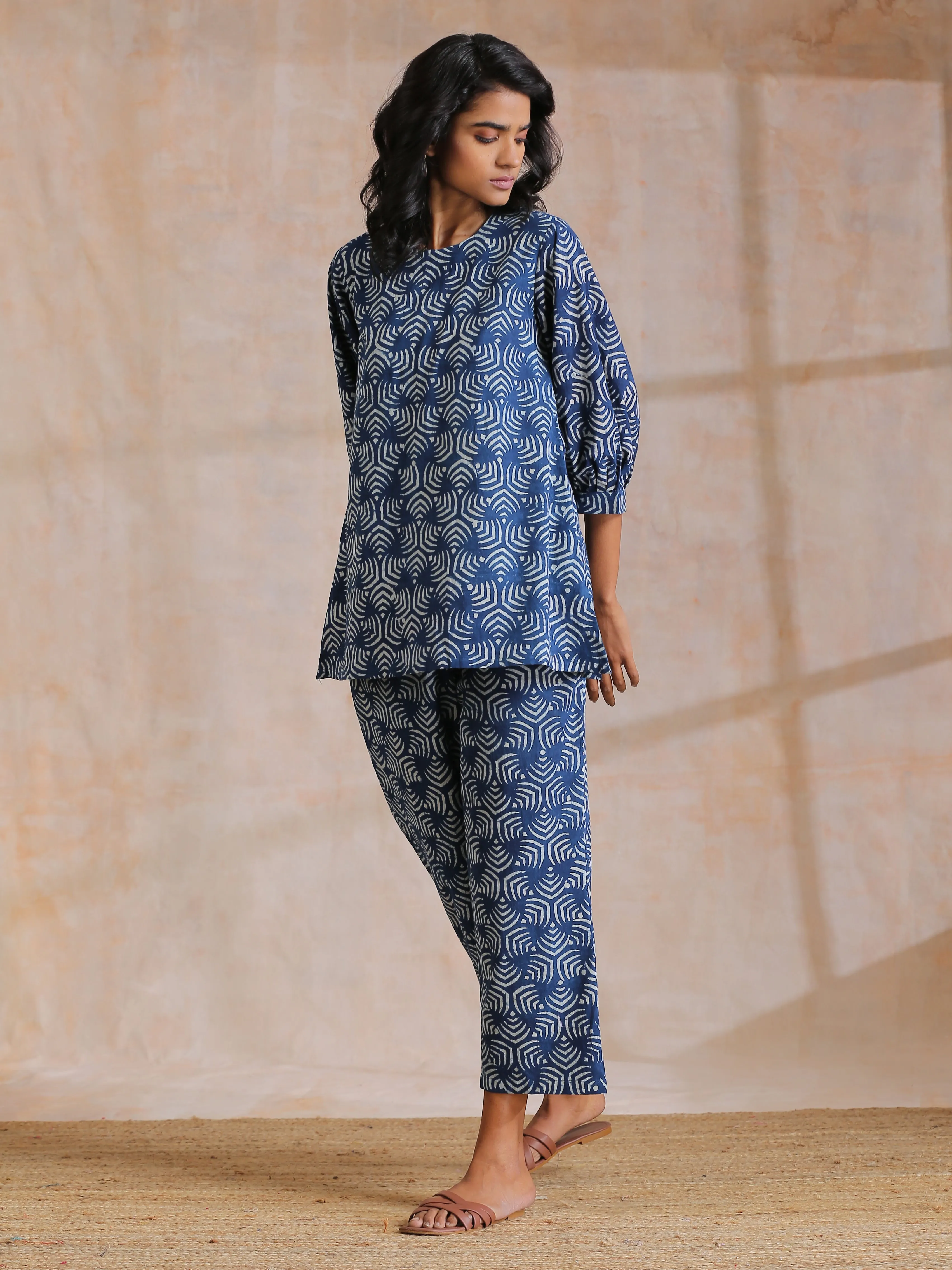 Indigo Dabu Overall Print Cotton Baggy Sleeve Co-Ord Set