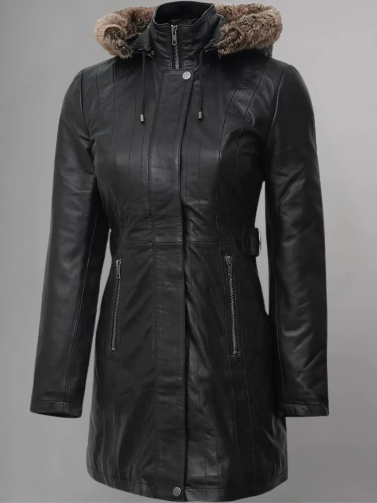 Jean Womens Black Leather Coat Removable Fur Hood