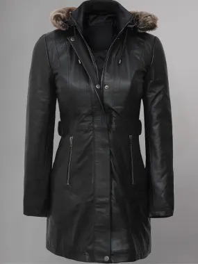 Jean Womens Black Leather Coat Removable Fur Hood