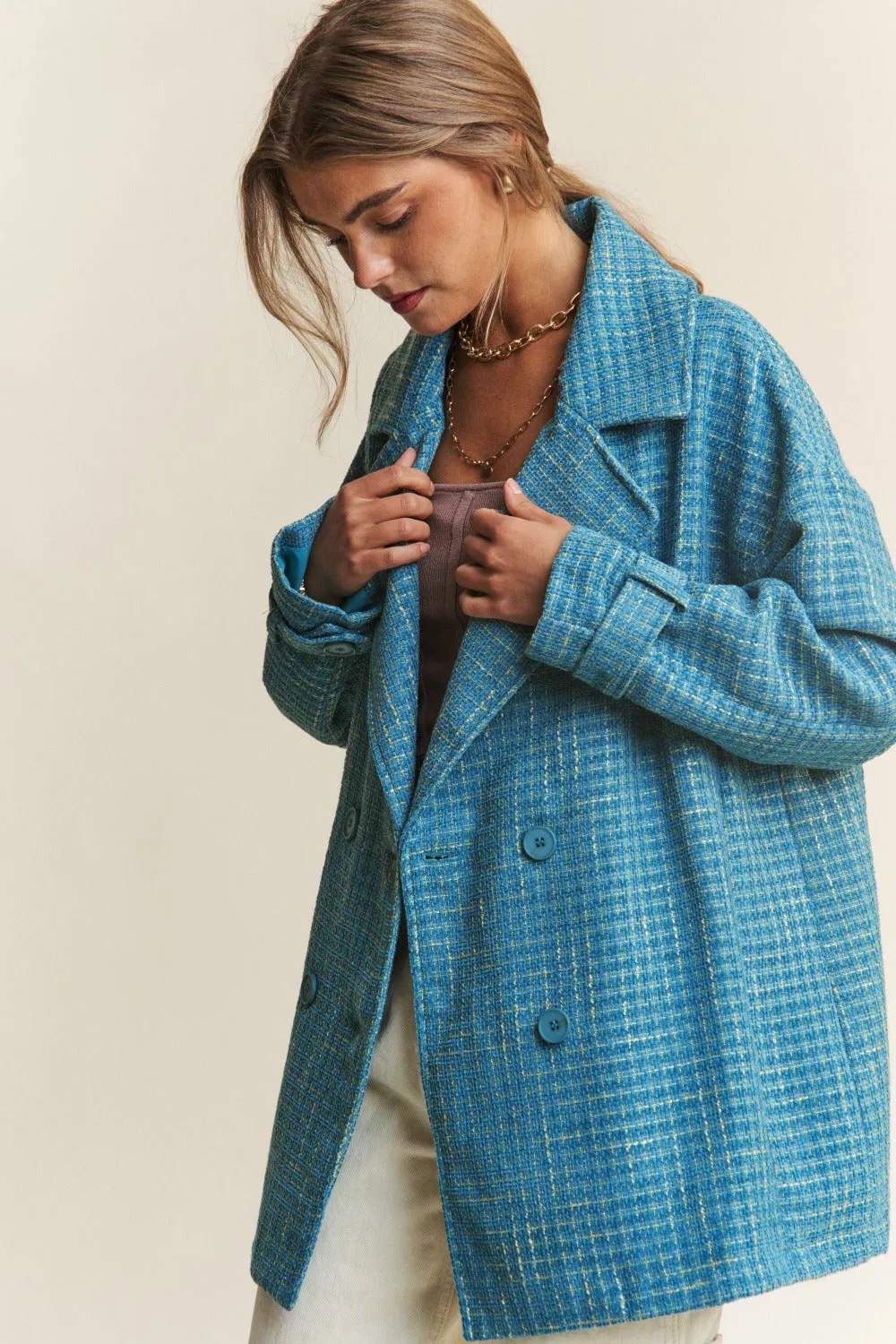 J.NNA Tweed Double-Breasted Long Sleeve Coat