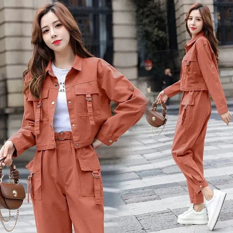 JOEVILU 2PCS Streetwear Tracksuit Cargo Coat Casual Pants 2 Piece Sets Women's Outfits Spring and Autumn Korean Fashion Y2k Suit