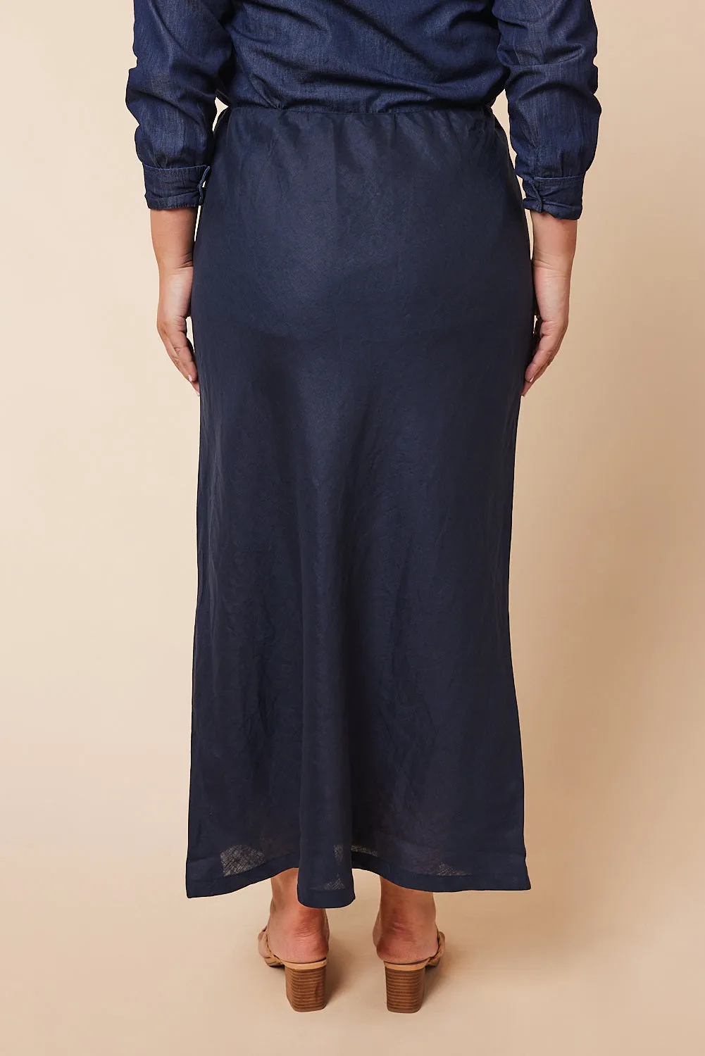 Katie Bias Cut Linen Skirt in Navy