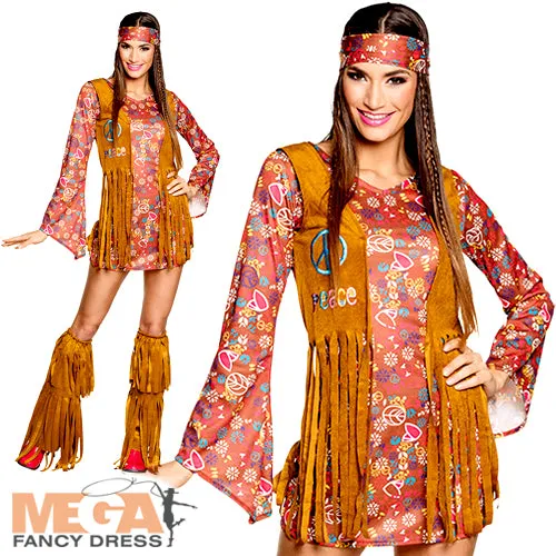 Ladies Peace Hippy Fancy Dress 60s 70s Hippie Groovy Costume