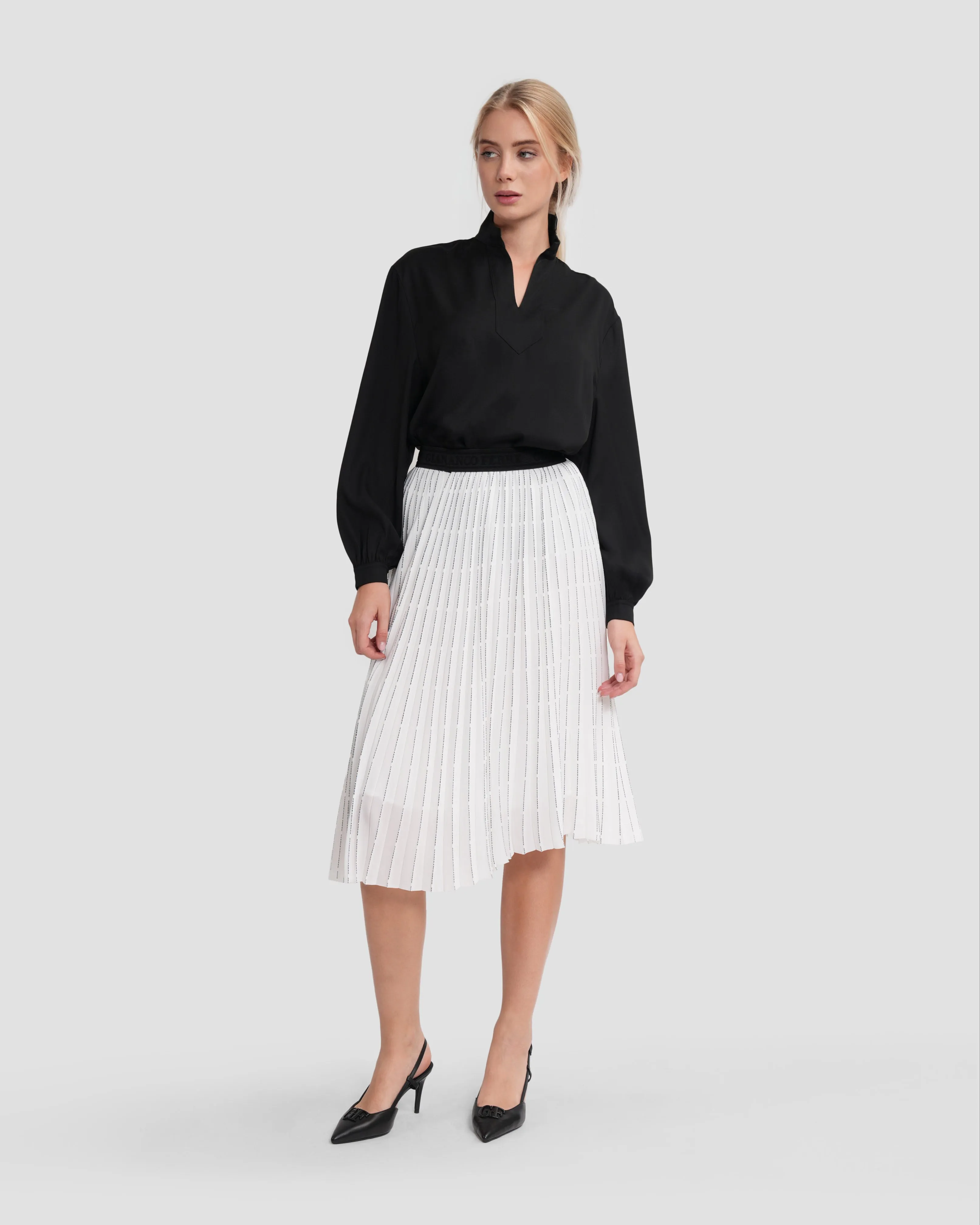 Logo Print Pleated Midi Skirt