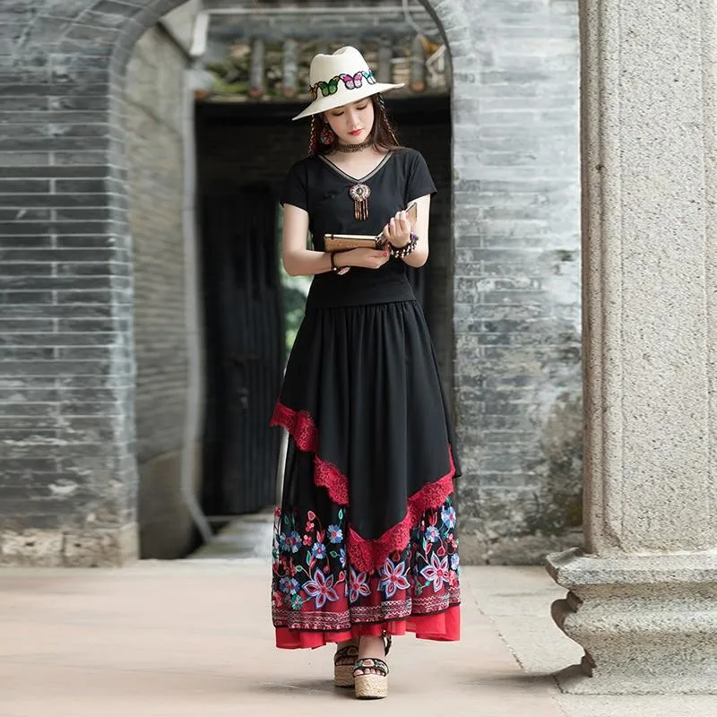 Lolita Asymmetrical Floral Maxi Skirt