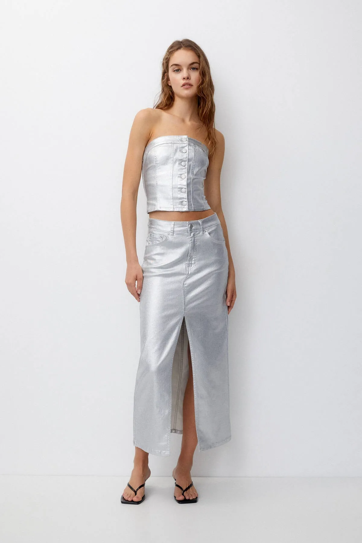 Long Metallic Denim Skirt with Long Slit - Silver